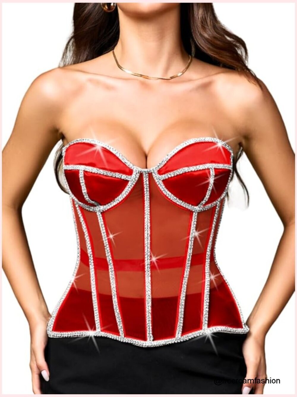 Sheer Mesh Rhinestone Corset Top, Overbust Glitter Bustier Shapewear, Lace Up